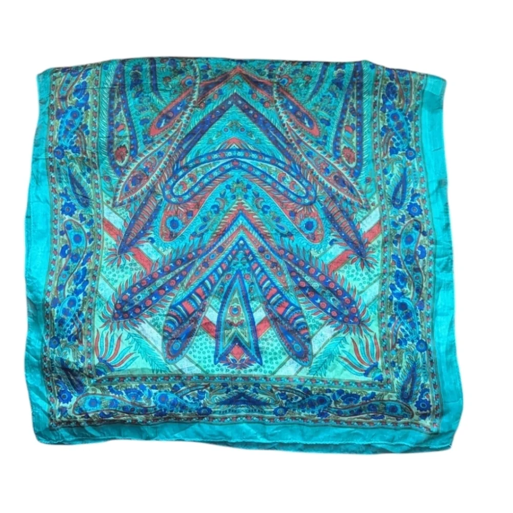 Vintage Silk Scarf‎ Paisley MCM Indian Long Wrap Headband Boho Feathers Festival